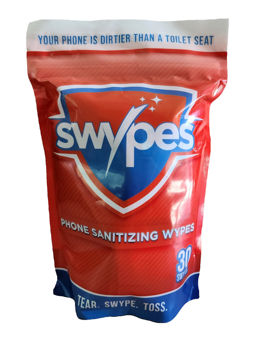 Swypes phone cleaning wipes packaging with red and blue design.